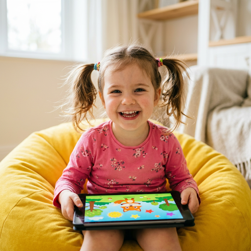 A four-year-old girl laughing on a yellow bean bag with a tablet showing a cartoon fox