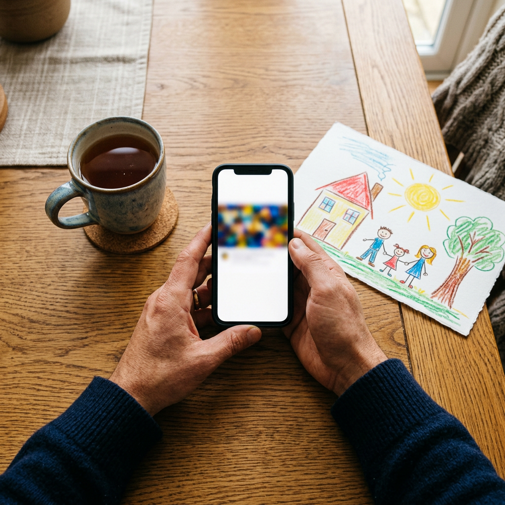 A parent holding a phone at a wooden table, next to a child’s crayon drawing of a house