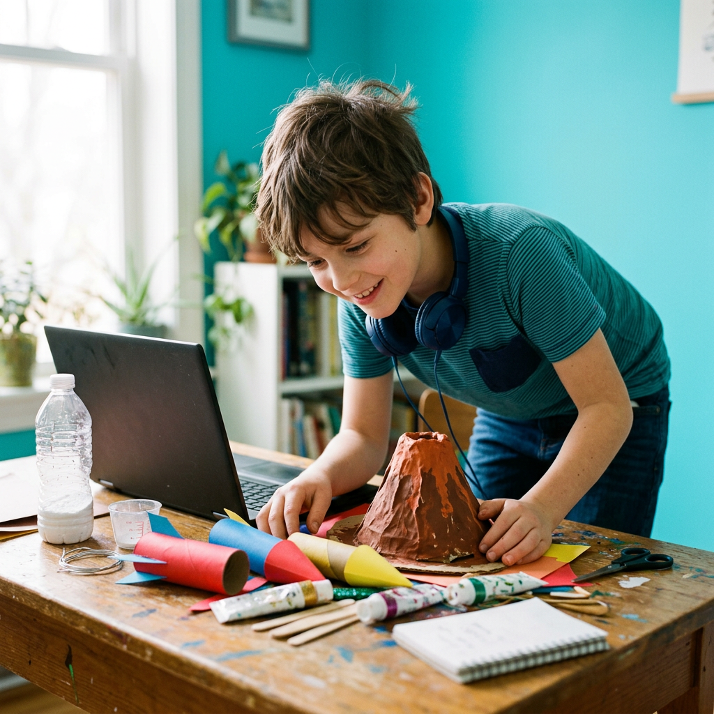 A nine-year-old boy leaning over a desk covered with craft supplies and a paper volcano